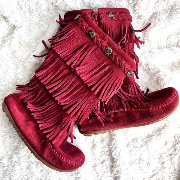 Minnetonka Suede 3-Layer Fringe Girls' Size 12 Toddler Red Zip Up Western - Picture 13 of 16